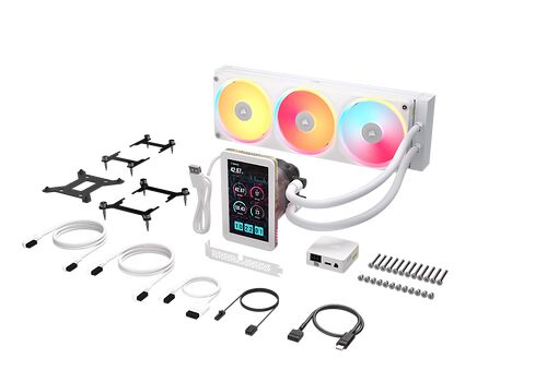 Kit de refroidissement liquide Corsair blanc avec trois ventilateurs RGB, un écran LCD intégré sur la pompe et divers câbles de connexion.