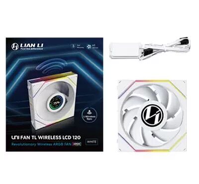 Ventilateur Lian Li UNI FAN TL Wireless LCD 120 blanc, doté d'un écran LCD intégré sur le moyeu et d'un système de connexion sans fil.