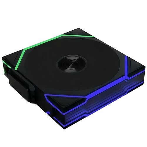 Lecteur de disque externe noir avec un éclairage LED bleu et vert sur les contours.