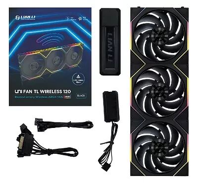 Pack de trois ventilateurs Lian Li UNI FAN TL Wireless 120 noirs, incluant un récepteur sans fil et les câbles de connexion nécessaires.