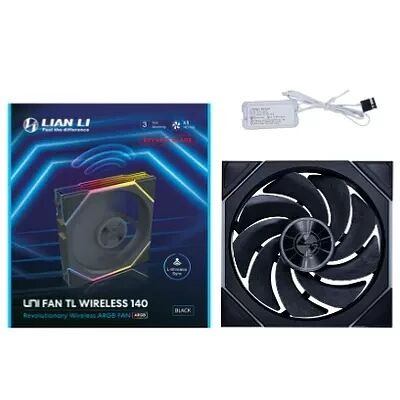 Ventilateur PC Lian Li UNI FAN TL Wireless 140 de couleur noire, accompagné de son récepteur sans fil.