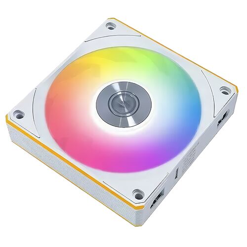 Ventilateur de processeur blanc avec éclairage RGB multicolore et support de montage intégré.