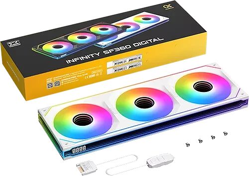 Refroidisseur liquide Corsair Infinity SF360 Digital avec trois ventilateurs à éclairage RGB multicolore, présenté avec sa boîte d'origine.