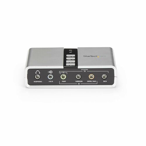 Carte son externe StarTech.com avec plusieurs sorties audio pour un système 7.1, une prise casque, une entrée ligne et des boutons de contrôle du volume et du micro.