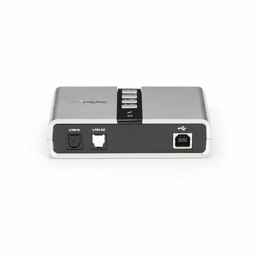 Interface audio StarTech avec ports S/PDIF IN, S/PDIF OUT et une connectivité USB sur un boîtier métallique argenté.