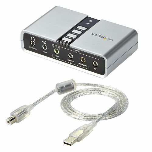 Carte son externe StarTech.com avec câble USB, comprenant des prises pour casque, micro, entrée ligne et sorties audio pour haut-parleurs.