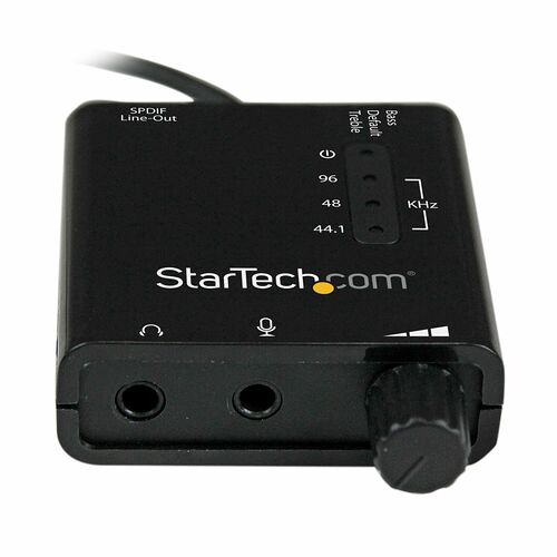 Carte son externe StarTech.com avec réglages de basses et de trémble, sortie SPDIF, prise casque et micro, ainsi qu'un bouton de volume.