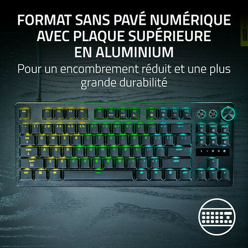 Clavier gaming compact sans pavé numérique avec une plaque supérieure en aluminium et un rétroéclairage RGB multicolore.
