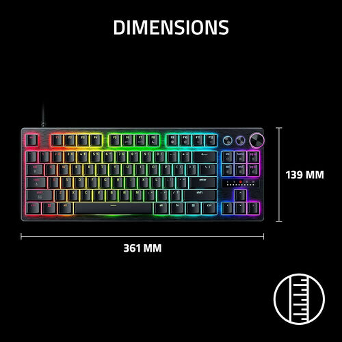 Clavier gamer rétroéclairé RGB avec un format compact, mesurant 361 mm de largeur et 139 mm de profondeur.