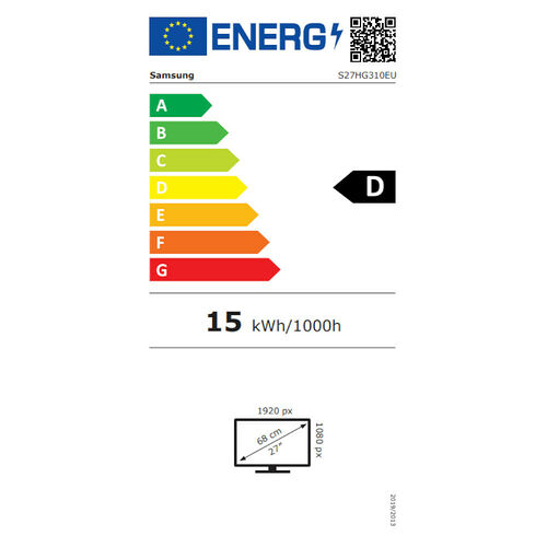 Étiquette d'efficacité énergétique pour un écran Samsung, classé en catégorie D, avec une consommation de 15 kWh/1000h. L'écran affiche une diagonale de 27 pouces pour une résolution de 1920 x 1080 pixels.