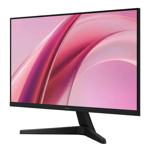 Écran d'ordinateur avec un fond d'écran abstrait rose et violet, monté sur un pied noir minimaliste.
