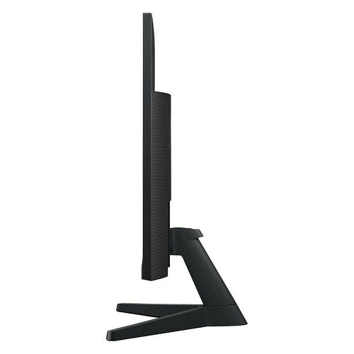Écran de PC noir avec un pied de support incliné, vu de profil.