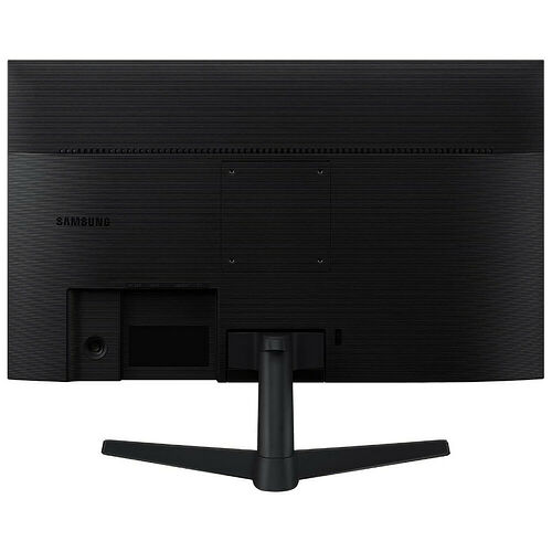 L'arrière d'un écran Samsung noir avec son pied de support. On aperçoit les ports de connexion et les fixations VESA.