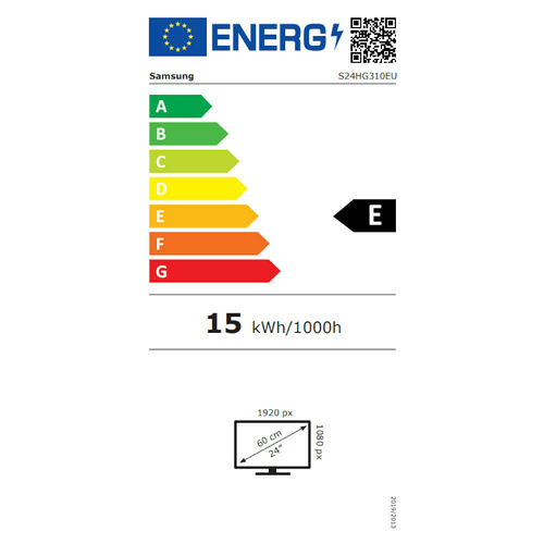 Étiquette d'efficacité énergétique pour un écran Samsung, classé en catégorie E, avec une consommation de 15 kWh/1000h. L'écran affiche une résolution de 1920 x 1080 px pour une diagonale de 24 pouces.