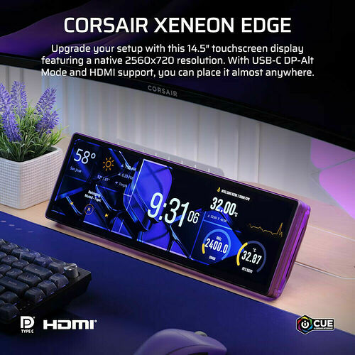 Écran tactile Corsair Xeneon Edge de 14,5 pouces affichant des informations système et la météo, posé sur un bureau à côté d'un clavier et d'une souris.