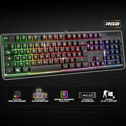 Clavier gamer Spirit of Gamer avec rétroéclairage RGB multicolore, touches semi-mécaniques et châssis en aluminium.