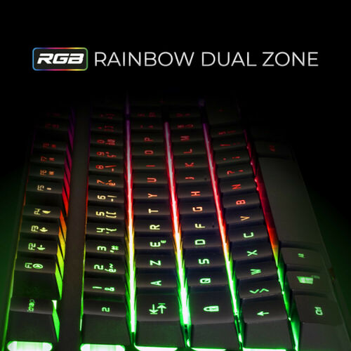 Clavier gaming avec rétroéclairage RGB rainbow dual zone, affichant des touches colorées sur fond noir.