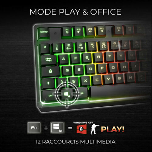 Clavier gamer rétroéclairé présentant un mode "Play & Office" avec 12 raccourcis multimédia accessibles via la combinaison de touches Fn et Windows.