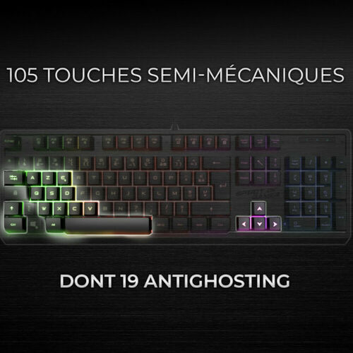 Clavier gamer rétroéclairé avec 105 touches semi-mécaniques et technologie anti-ghosting.