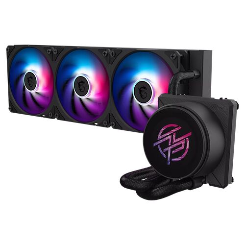 Système de refroidissement liquide Corsair avec trois ventilateurs à éclairage RGB et un bloc pompe affichant un logo lumineux.