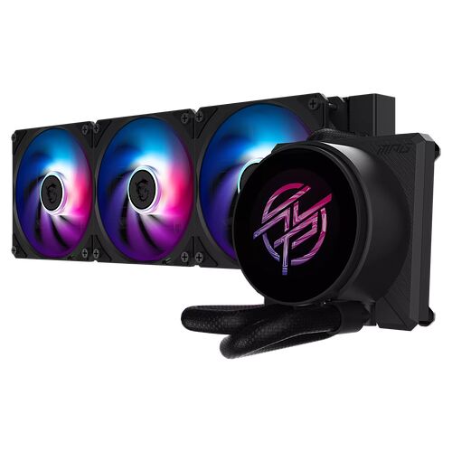Refroidisseur liquide MSI avec trois ventilateurs à éclairage RGB multicolore et un bloc pompe affichant un logo rose sur fond noir.