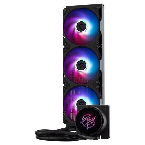 Refroidisseur liquide Corsair avec trois ventilateurs à éclairage RGB multicolore et une pompe avec logo lumineux.