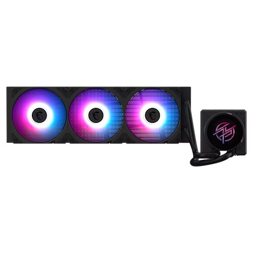 Système de refroidissement liquide Corsair avec trois ventilateurs à éclairage RGB multicolore et un bloc de pompe arborant le logo de la marque.