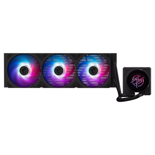 Refroidissement liquide MSI avec trois ventilateurs à éclairage RGB multicolore et un bloc de pompe assorti.