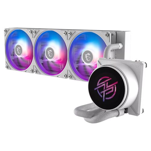 Refroidissement liquide Corsair avec trois ventilateurs rétroéclairés en RGB et un bloc de pompe arborant un logo stylisé.