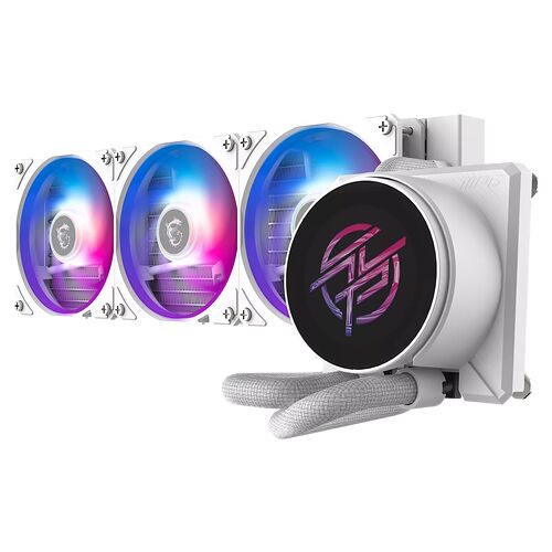 Refroidisseur liquide blanc avec trois ventilateurs à éclairage RGB et un bloc pompe arborant un logo stylisé sur fond noir.