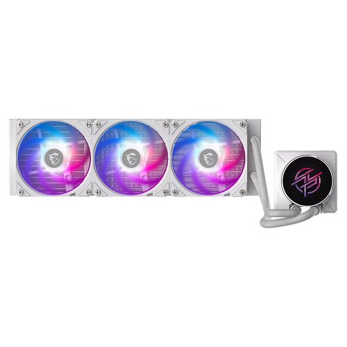 Refroidissement liquide MSI avec trois ventilateurs à éclairage RGB multicolore et un bloc de refroidissement compact.