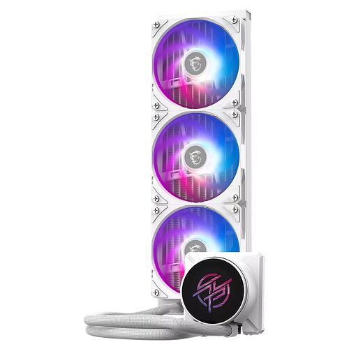 Refroidisseur liquide Corsair blanc avec trois ventilateurs RGB et un bloc de pompe avec logo lumineux.