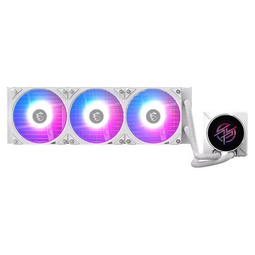 Refroidissement liquide MSI avec trois ventilateurs blancs rétroéclairés en RGB et une pompe circulaire assortie.
