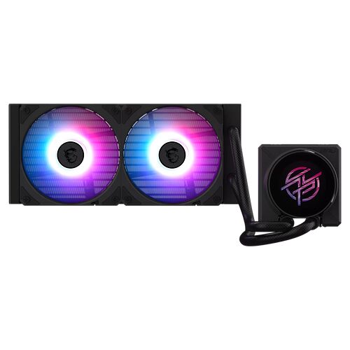 Système de refroidissement liquide MSI avec deux ventilateurs à éclairage RGB multicolore et un bloc de refroidissement avec logo lumineux.