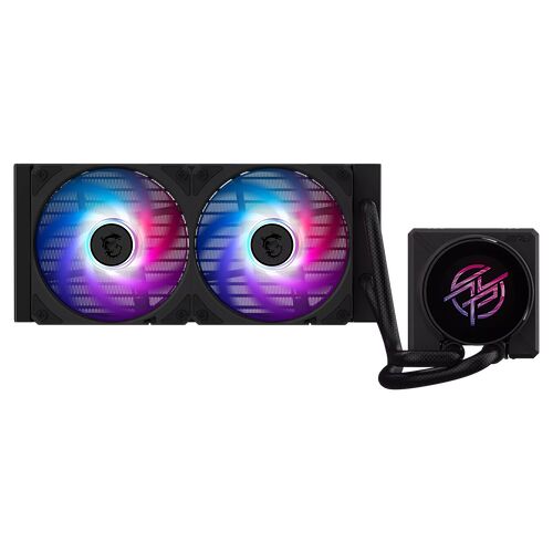 Refroidisseur liquide MSI avec deux ventilateurs à éclairage RGB multicolore et un bloc de refroidissement compact.