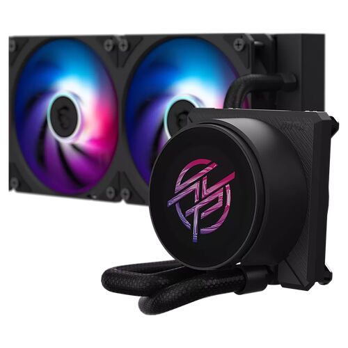 Refroidissement liquide AIO avec deux ventilateurs RGB et un bloc pompe arborant un logo stylisé sur fond noir.