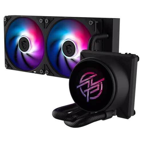 Refroidissement liquide Corsair avec deux ventilateurs RGB colorés et un bloc de pompe affichant un logo lumineux sur fond noir.
