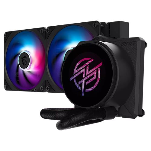 Refroidisseur liquide MSI avec deux ventilateurs à éclairage RGB et un bloc pompe affichant un logo lumineux.
