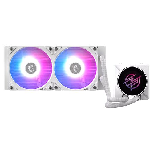 Refroidisseur liquide MSI avec deux ventilateurs rétroéclairés en RGB bleu et rose et un bloc de pompe affichant un logo lumineux.