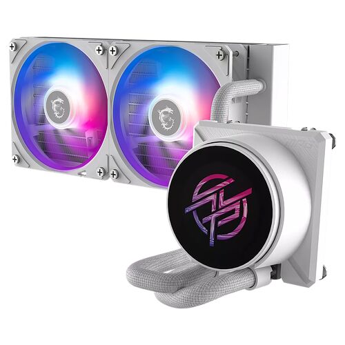 Refroidisseur liquide avec deux ventilateurs éclairés en RGB et un bloc de pompe blanc arborant un logo stylisé sur fond noir.