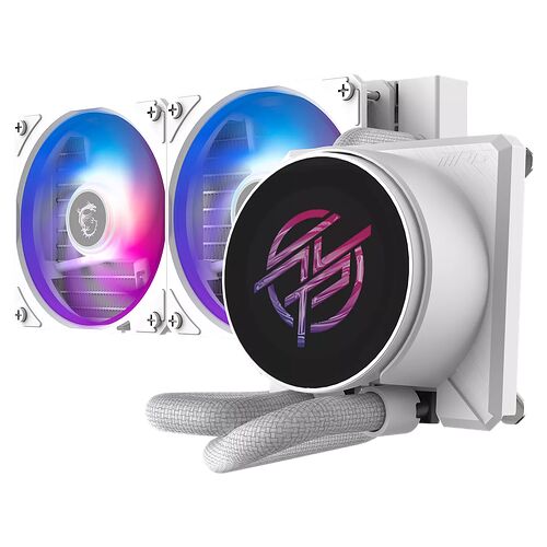 Refroidissement liquide AIO blanc avec deux ventilateurs RGB et un bloc pompe arborant un logo stylisé sur un fond noir.