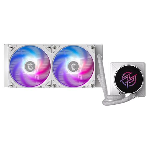 Refroidisseur liquide blanc avec deux ventilateurs éclairés par un éclairage RGB multicolore et une pompe avec logo sur la tête de pompe.