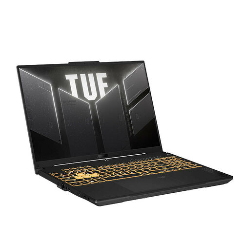 Ordinateur portable de gaming ASUS TUF avec un clavier rétroéclairé jaune et un écran affichant le logo TUF.