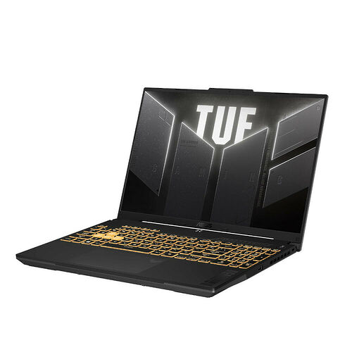Ordinateur portable ASUS TUF avec un clavier rétroéclairé jaune et un écran affichant le logo TUF.