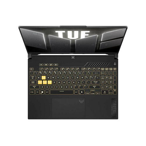 Ordinateur portable ASUS TUF avec clavier rétroéclairé et pavé tactile, présenté ouvert sur un fond blanc.
