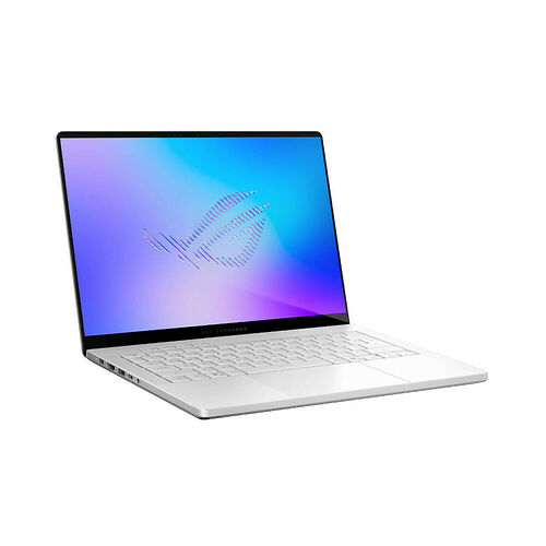 Un ordinateur portable ASUS de couleur blanche avec un écran affichant un logo stylisé sur fond bleu et violet.