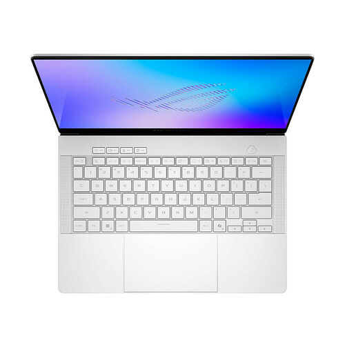 Ordinateur portable ASUS avec un écran affichant un dégradé de bleu et violet et un clavier blanc rétroéclairé.