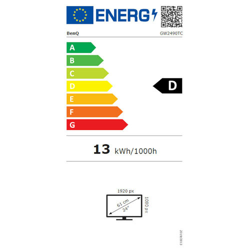 Étiquette d'efficacité énergétique pour un écran BenQ, classé en catégorie D, avec une consommation de 13 kWh/1000h. L'écran possède une diagonale de 24 pouces et une résolution de 1920 px.
