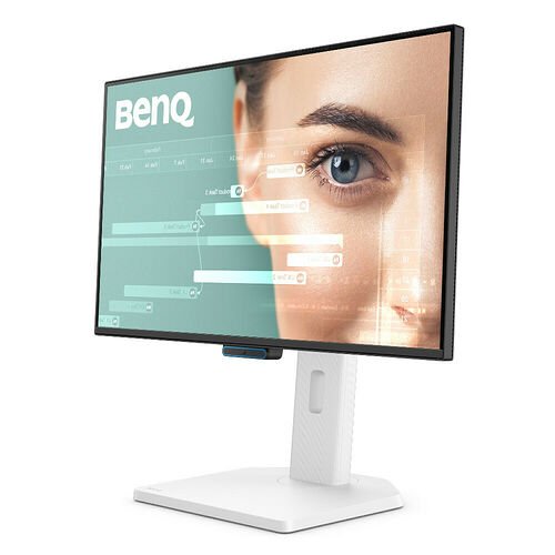 Écran BenQ avec un pied blanc élégant, affichant un gros plan d'un œil humain sur l'écran.