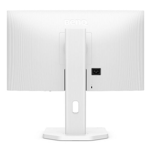 L'arrière d'un écran BenQ blanc avec un pied de support assorti et une prise d'alimentation visible.